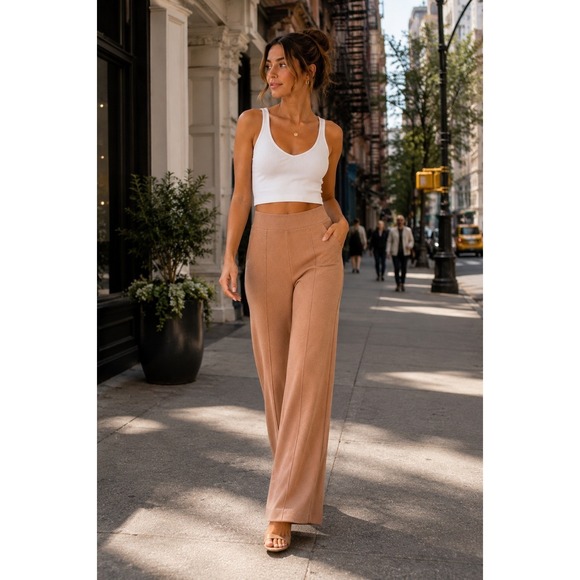 Express Pants - NWT Express Camel Knit Wide Leg Pants Medium Chic Soft Pull‎ On Style